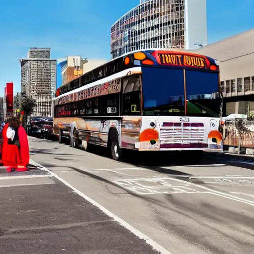 Image similar to Twopart buses, new on the routes, creep the crosstown blocks like giant insects.