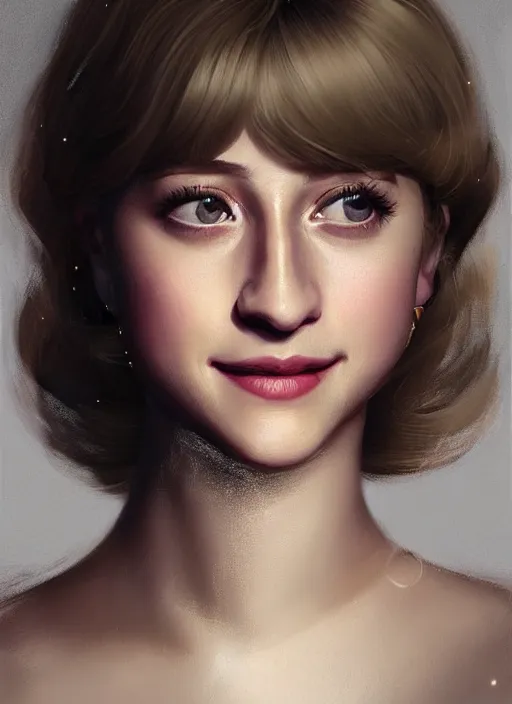 Image similar to portrait of lili reinhart with fluffy bangs, smiling kindly, bangs, 1 9 6 0 s, ponytail, curly bangs and ponytail, rounder face, intricate, elegant, glowing lights, highly detailed, digital painting, artstation, concept art, smooth, sharp focus, illustration, art by wlop, mars ravelo and greg rutkowski