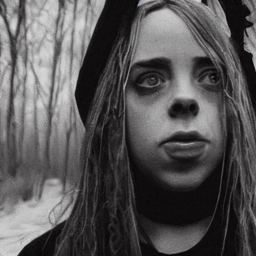 Image similar to found footage of Billie Eilish as the witch in The Blair Witch Project, movie still, horror