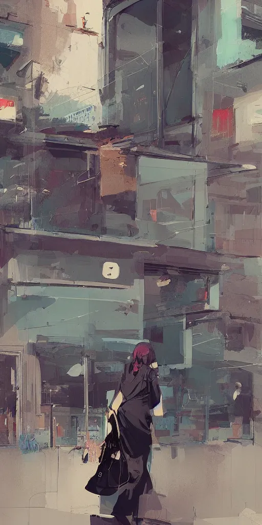 Prompt: a stylish woman standing in front of a convenience store by Ismail Inceoglu