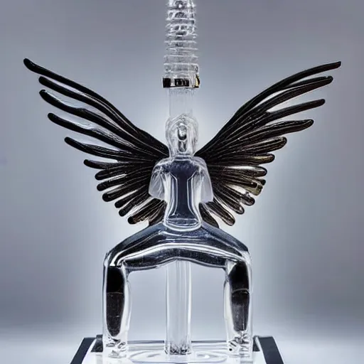 Prompt: a transparent crystal glass statue of a Michael Jackson head with wings on his back, studio photography, detailed, in focus