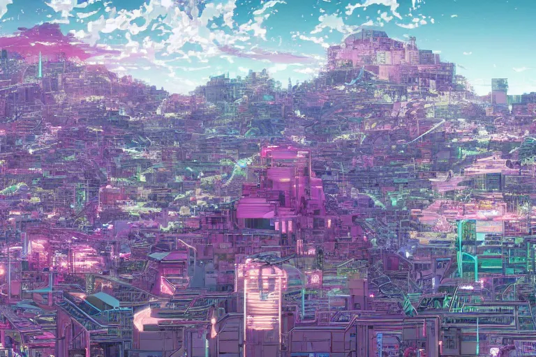 Image similar to Panorama view of an anime scenery by Beeple and naomi okubo and dan mumford and zaha hadid