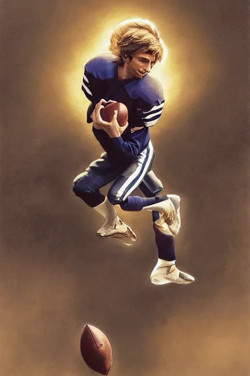 Image similar to Barry Manilow playing Football as the quarterback of the Dallas Cowboys, intricate, elegant, highly detailed, digital painting, artstation, concept art, smooth, sharp focus, illustration, art by artgerm and greg rutkowski and alphonse mucha