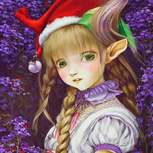 Image similar to little elf girl, santa claus suit, soft hair. light color palate, purple, yellow and white. detailed soft painting, ayami kojima, made in abyss, anatomically correct, inspired in balthus, high detailed face anime, vogue magazine, glorious composition