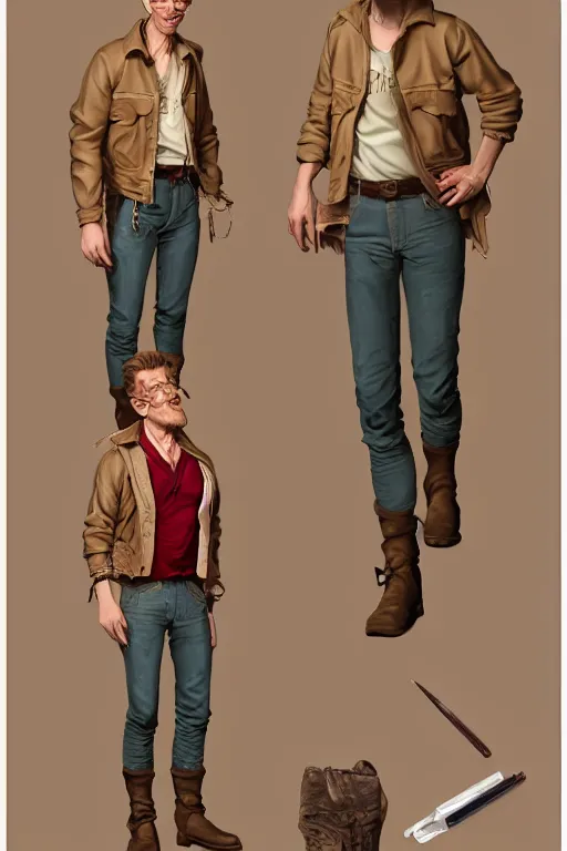Prompt: character design, reference sheet, 40's adventurer, unshaven, optimistic, stained dirty clothing, straw hat, riding boots, beige t-shirt, dusty dark red bomber leather jacket, shoulder bag, detailed, concept art, photorealistic, hyperdetailed, 3d rendering , art by Leyendecker and frazetta,