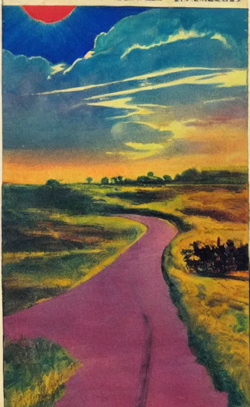 Image similar to paperback book cover. 1 9 6 0 s. pure colors, melting clouds, accurately drawn details, a sunburst above a receding road with the light reflected in furrows and ruts, after rain. and no girls.