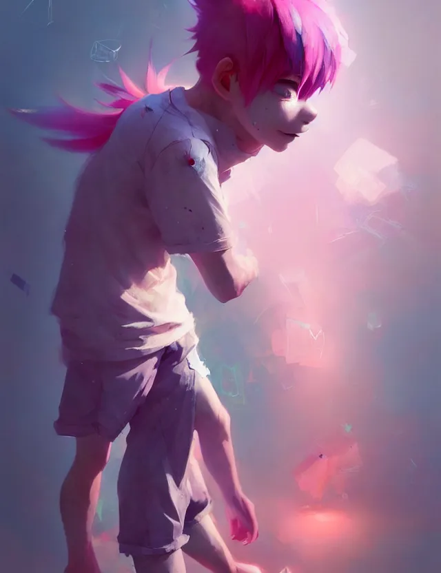 Prompt: beautiful cute boy with pink hair barefoot wearing tshirt and leggings under shorts. character design by cory loftis, fenghua zhong, ryohei hase, ismail inceoglu and ruan jia. artstation, volumetric light, detailed, photorealistic, fantasy, rendered in octane