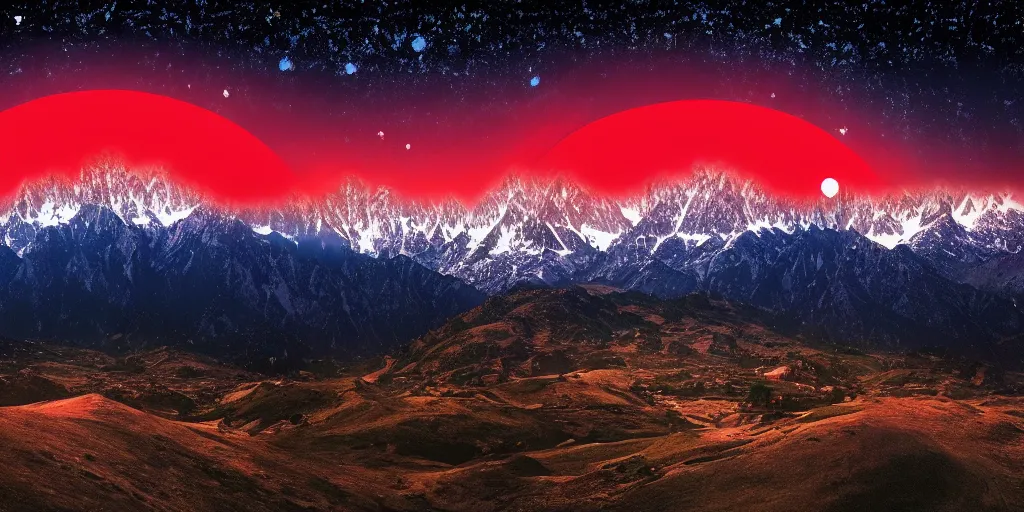 Prompt: 8k ultrarealistic Kashmir landscape with red moon and starry night in the background, icy mountains in the background