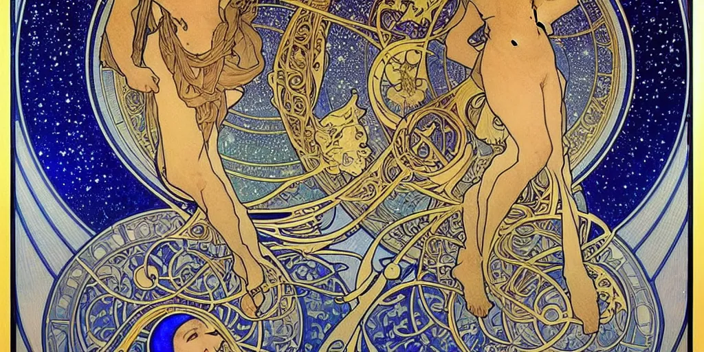 Prompt: the longest night, cloaked dark night with moon and candle and tattoos, astronomical star constellations and watch gears, traditional moon, by alphonse mucha and alex grey, handsome face and beautiful face, ultramarine blue and gold, intricate stained glass