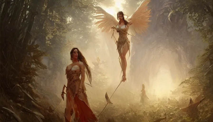 Prompt: A beautiful detailed painting of jennifer connelly as a female angel warrior reigns on a magical forest by greg rutkowski and marc simonetti , Trending on artstation HD.