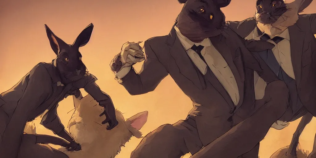 Prompt: two rabbits in suits are fighting, cartoonish, zenith view, warm color palette, night time, dramatic lighting, noir film, fine details, high contrast, blacksad, kim jung gi, greg rutkowski, trending on artstation, 8 k, ultra wide angle