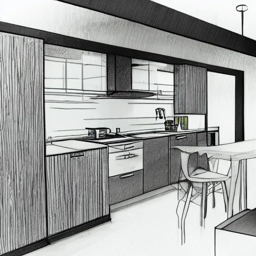 Prompt: modern garden kitchen design, designer pencil sketch, HD resolution