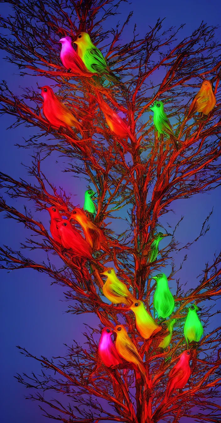 Prompt: highly detailed realistic colorful glowing birds sitting on tree at dark black night, vibrant colors, award winning masterpiece photography, hyper realistic, concept art, 8 k detail post - processing