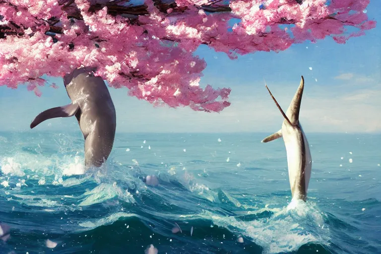 Image similar to narwhal jumping out the sea, sakura trees, sakura season dynamic lighting, landscape, artwork by jeremy lipkin and giuseppe dangelico pino and michael garmash and rob rey and greg manchess and huang guangjian and makoto shinkai, pixiv, 1 0 0 mm