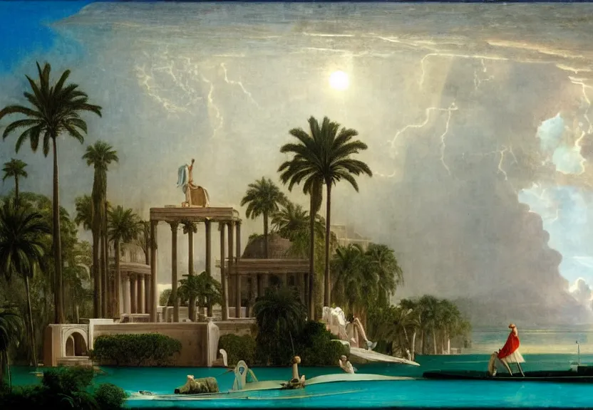 Image similar to Palace floating in the sky, 1km tall, thunderstorm, greek pool, beach and palm trees on the background major arcana sky, by paul delaroche, hyperrealistic 4k uhd, award-winning very detailed