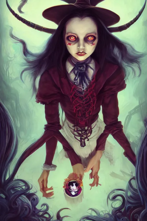 Image similar to portrait of a witch, american mcgee's alice, sharp focus, artstation, trending, by julie dillon, luis melo, tyler miles lockett, lei jin, hong lei, ken wong, adam narozanski, joy ang