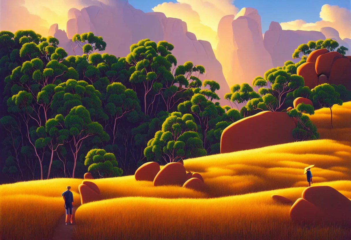 Prompt: the australian wilderness landscape in the snowy mountains, long grass and scattered large rock formations, during summer, sunset lighting, afternoon storm, a hiker, painting by kenton nelson