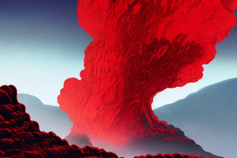 Image similar to red themed lava landscape, miyazaki style, cinematic, die hard, marvel, disney, indie, highly detailed, featured on artstation, highly detailed, abstract