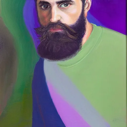 Prompt: bearded beautiful man, broad brush, dry brush, purple, white, green colour scheme oil on canvas, by joshua miels