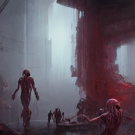 Image similar to concept art by greg rutkowski, infected people with a kind of reddish silt oozing from their bodies, looking rabid, in a claustrophobic, futuristic and brutalist environment, frightening and creepy atmosphere, scifi, highly detailed portrait, digital painting, artstation, concept art, smooth, sharp foccus ilustration, artstation hq