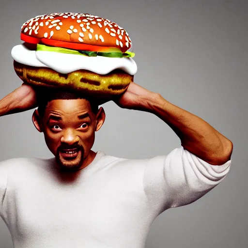 Prompt: will smith, wearing a costume that looks like a burger, photograph, dancing, burger costume, 4 k