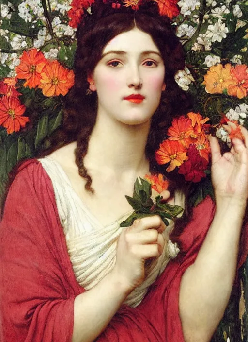 Image similar to masterpiece Queen of flowers by John Collier, John William Godward, Wladislaw Czachorski, Theodoros Ralli,