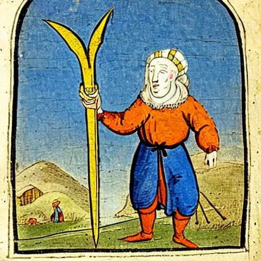 Prompt: a 1 8 th century illustration manuscript illustration of a medieval peasant holding a large blue trident above his head.