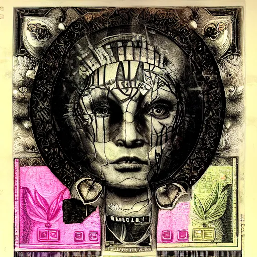 Image similar to post - punk new age album cover, asymmetrical design, dollar bank notes, capitalism, magic, apocalypse, psychedelic, black white pink, magic, giger h. r., giuseppe arcimboldo