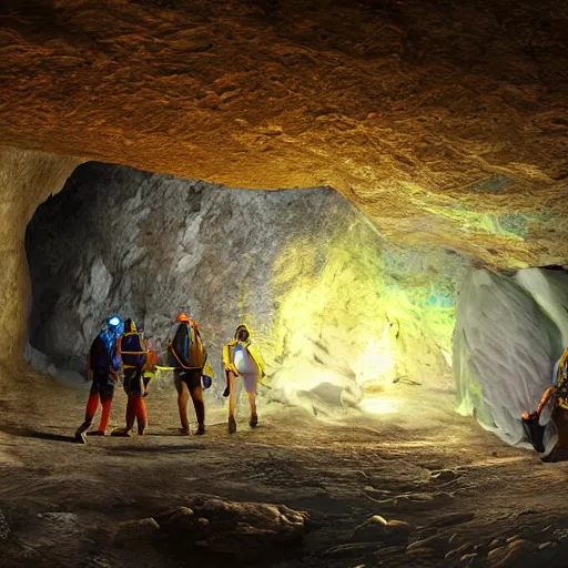 Image similar to photorealistic fantasy digital art of spelunkers in caving gear exploring a narrow beautiful cave full of gleaming geodes, crystals, and gemstones.