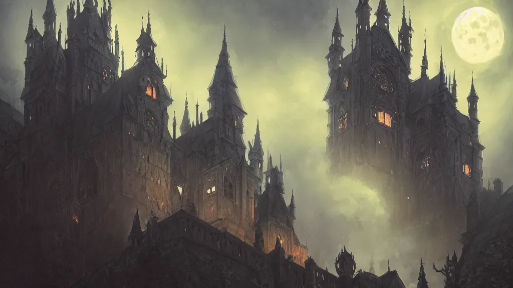 Image similar to foggy intricate gothic castle under the full moon, epic, intricate oil painting, high detail illustration, sharp high detail, manga and anime, official fanart behance hd artstation by jesper ejsing and makoto shinkai, 4 k,