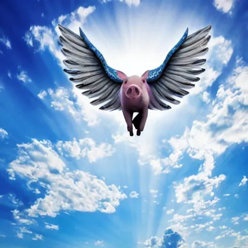 Image similar to pig flying over romanian village with angel wings in a blue sky, bokeh, dramatic lighting