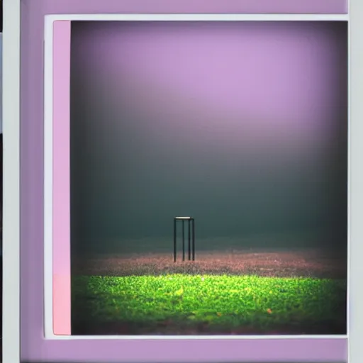 Image similar to a pastel coloured Polaroid photo of a minimalist cubic neon piano made of transparent perspex in a field, beams of light, nostalgic, morning fog, centre-frame