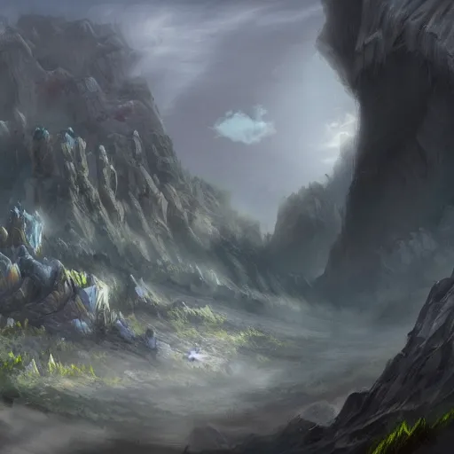 Image similar to Wide shot of a fantasy canyon. Concept art, highly detailed, wide, trending on artstation.