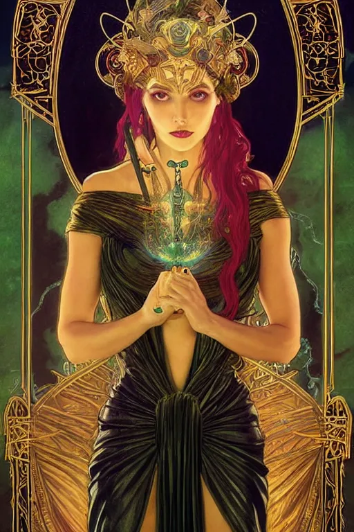 Image similar to a tarot card of a beautiful sorceress wearing a black robe with gold embroidery, casting a spell, green glows, painted by artgerm, tom bagshaw, alphonse mucha, and gustav klimt, in the style of magic the gathering, intricate, highly detailed digital art