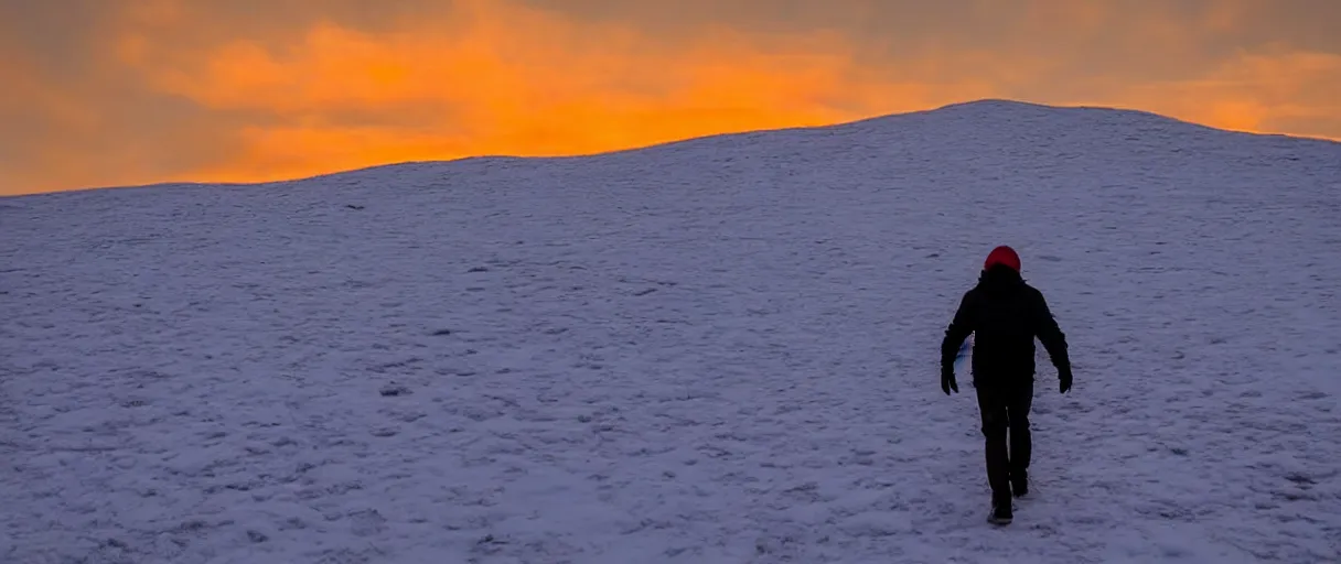 Image similar to a high quality color extreme closeup depth of field creepy hd 4 k film 3 5 mm photograph of the faint barely visible silhouette of a bulky man walking away from a blizzard into a clear desolate snow field with the golden sunset antarctica sky in the distance