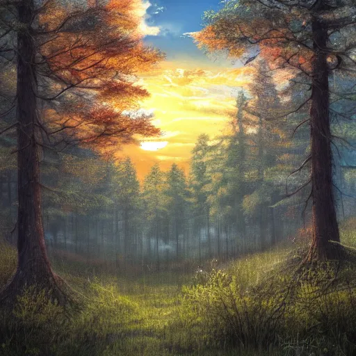 Prompt: a forest sunset with puffy clouds, artstation trending