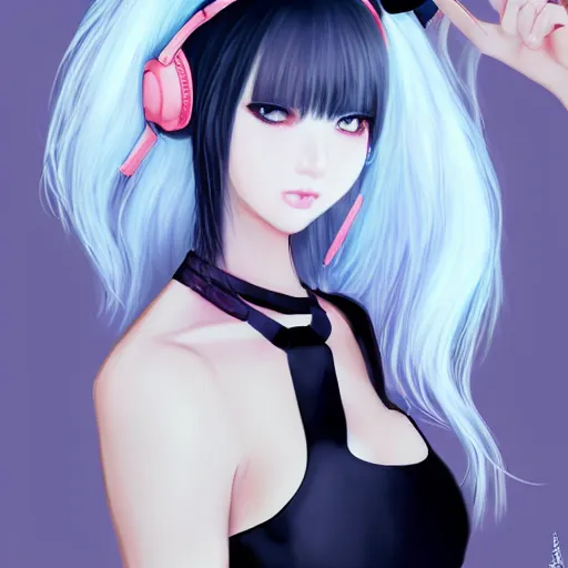 Prompt: realistic teasing detailed semirealism beautiful gorgeous cute Blackpink Lalisa Manoban white hair white cat ears blue eyes, wearing black camisole outfit, headphones, black leather choker full HD 4K high resolution quality WLOP, Aztodio, Taejune Kim, Guweiz, Pixiv, Instagram, Artstation