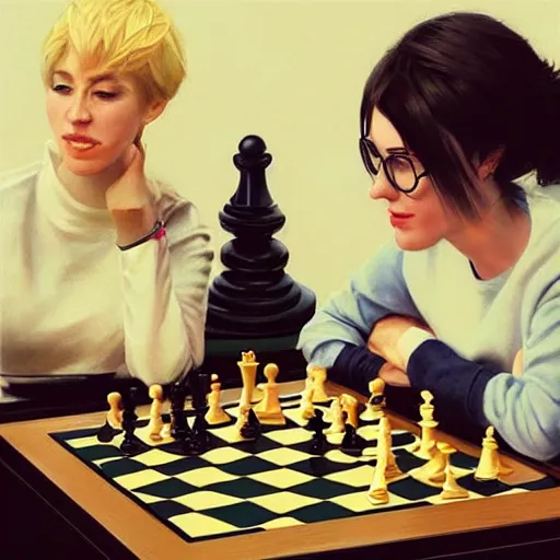 Image similar to 3 0 - year - old actress megan mccarthy playing chess against 3 0 - year - old actress nana visitor at world chess championship 1 9 8 4, digital art by ruan jia and mandy jurgens and artgerm, highly detailed, trending on artstation, award winning