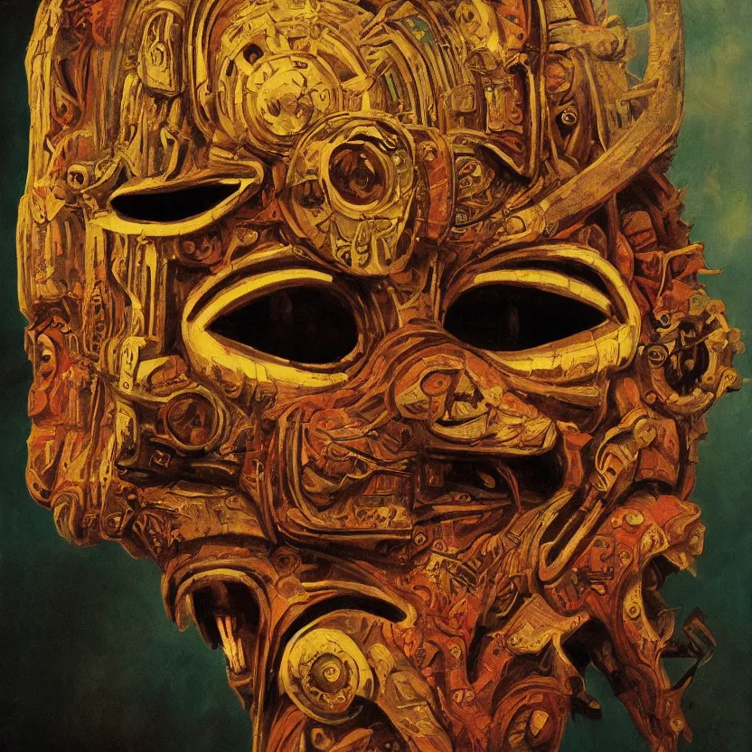 Image similar to a portrait painting of intense tribal mask. pulp sci - fi art for omni magazine. high contrast. dark background. whimsical fantasy art. baroque period, oil on canvas. renaissance masterpiece. muted colors, soft gradients. trending on artstation. retrofuturism.