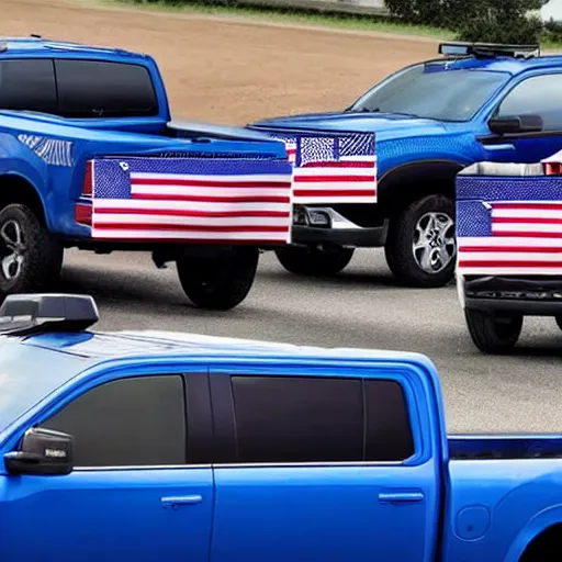 Prompt: photo of big blue biden pickup trucks with american flags on them. guns can be seen blaring out of the windows.