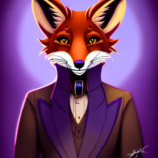 Image similar to don bluth, loish, artgerm, steampunk, clockpunk anthropomorphic fox girl, purple vest, smiling, symmetrical eyes symmetrical face, colorful animation forest background