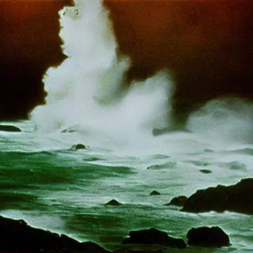 Image similar to dark and moody 1 9 7 0's artistic spaghetti western film in color, a woman in a giant billowy wide long flowing waving white dress transforming into sea spray, standing inside a green mossy irish rocky scenic landscape, crashing waves and sea foam, volumetric lighting, backlit, moody, atmospheric, fog, extremely windy, soft focus