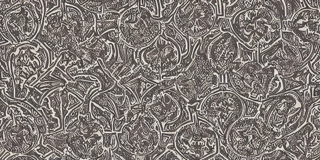 Image similar to scan of old symmetrical patterned wallpaper showing tyrolean folklore masks and cryptic occult alpine symbols and dolomites