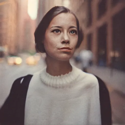 Image similar to medium format film candid portrait of a woman in new york by portrait photographer, 1 9 6 0 s, depth of field woman portrait featured on unsplash, photographed on colour expired film