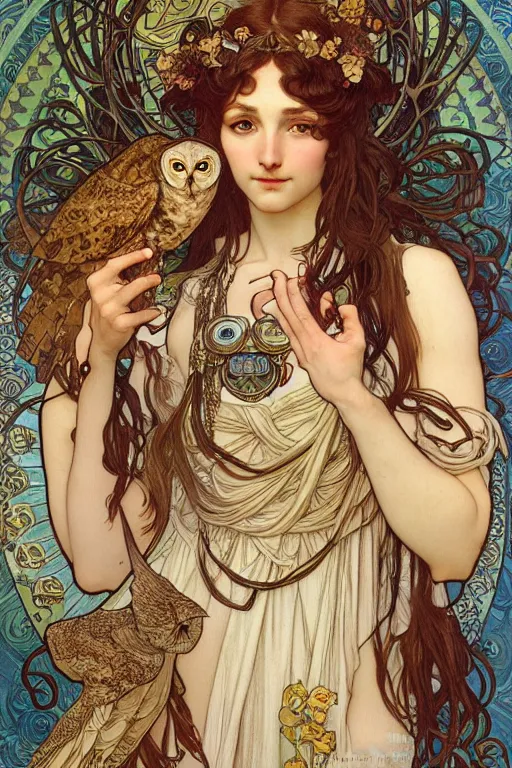 Prompt: realistic detailed illustration of Minerva and her owl, Greek Goddess by Alphonse Mucha, Ayami Kojima, Amano, Charlie Bowater, Karol Bak, Greg Hildebrandt, Jean Delville, and Mark Brooks, Art Nouveau, Pre-Raphaelite, Neo-Gothic, gothic, rich deep moody colors