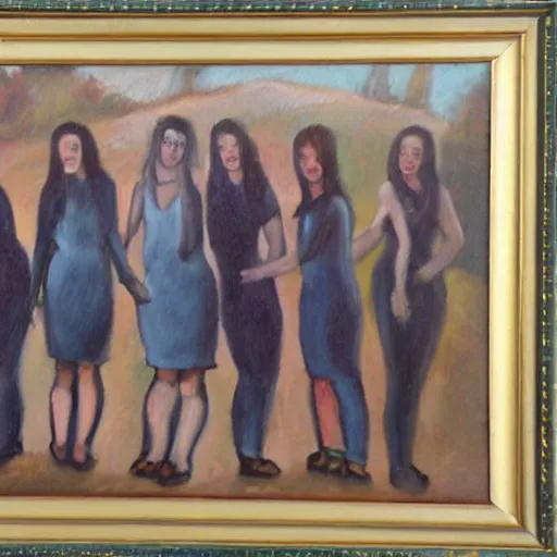Image similar to Oil painting of a group of creepy young ladies