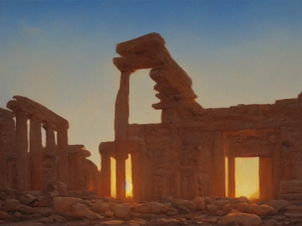 Prompt: trending on artstation, a beautiful Sumerian ruins during sunset, oil on canvas