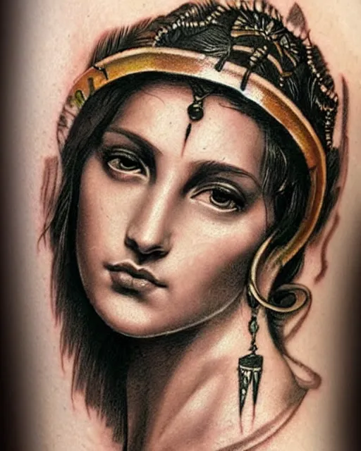 Image similar to realism tattoo sketch of a beautiful greek goddess aphrodite with piercing eyes wearing a laurel wreath and triangle earrings, in the style of greg rutkowski, amazing detail