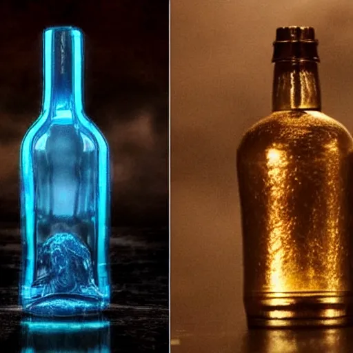 Image similar to Two magical bottles, the left bottle is filled with a fantasy world, the right bottle is filled with a cyberpunk world