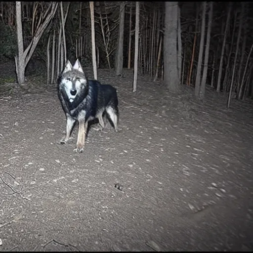 Image similar to trailcam footage of giant wolf at night